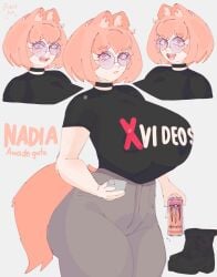 big_breasts big_thighs black_t-shirt boots breasts casual casual_clothes choker clothed female female_focus female_only glasses grey_pants izutsumihr leather_boots light-skinned_female noboko_k oc open_mouth original_character peach_hair short_hair short_hair_female tail thighs