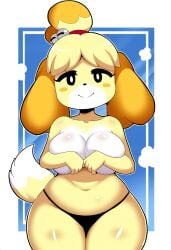 ai_generated animal_crossing anthro big_breasts blonde_hair blush breasts canid canine canis clothed clothing covering covering_breasts covering_self curvy_figure digital_media_(artwork) dipstick_tail domestic_dog female front_view fur hair hellsonger hi_res isabelle_(animal_crossing) looking_at_viewer mammal multicolored_tail navel nintendo panties portrait shih_tzu simple_background slightly_chubby smile solo tail_markings thick_thighs topless toy_dog underwear voluptuous wide_hips yellow_body yellow_fur