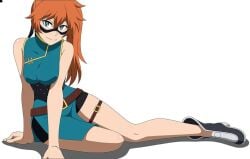 adorable bare_shoulders belt boots breast_squish breasts cute domino_mask hero_outfit_(mha) itsuka_kendou leg_strap long_hair looking_at_viewer my_hero_academia orange_hair ponytail qipao simple_background smile thick_thighs thighs