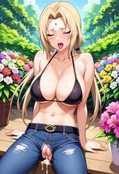 ai_generated belt big_breasts bikini bikini_top blonde_hair brown_eyes civitai cum cum_in_pussy damaged_clothes flowers forehead_mark jeans large_breasts looking_at_viewer naruto naruto_(series) naruto_shippuden ponytail ripped_clothing ripped_pants sitting tsunade