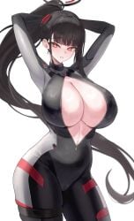 1girls black_hair blue_archive bodysuit breasts female hi_res hips huge_breasts kuavera light-skinned_female light_skin long_hair naughty_face ponytail red_eyes rio_(blue_archive) thick_thighs thighs wide_hips