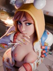 big_breasts blue_eyes breasts breasts_out brown_hair clothing female female_focus female_only fortnite looking_at_viewer nipples nude nude_female onesie_(fortnite) pajamas shezainsfw