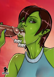 1boy androgynous badmanbastich bobbi_(badmanbastich) brown_hair cum cum_in_mouth earrings femboy girly green_skin male open_mouth orc orc_femboy orc_male original penis pointy_ears short_hair trap