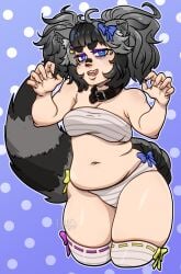 absolute_territory bbw belly belly_button blue_eyes chubby chubby_female collar ear_piercing female fluffy fluffy_hair fluffy_tail grey_hair hair_clips hairbow lingerie long_nails looking_at_viewer mellifera nose_bandage only_female raccoon_ears raccoon_girl raccoon_tail rikka_ruu small_breasts striped_panties thick_thighs thighhighs tummy virtual_youtuber voluptuous voluptuous_female vtuber wide_hips