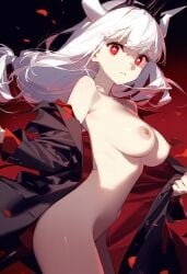 ai_generated breast devil helltaker horn junichoon lucifer_(helltaker) nipples nude nude_female red_eyes sideboob white_hair