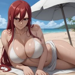 1girls ai_generated ass ass_up bikini bikini_top breast breasts brown_eyes cleavage curvaceous curvaceous_body curves curvy curvy_body curvy_female curvy_figure deviantart erza_scarlet exposed_ass exposed_breast exposed_breasts exposed_butt fairy_tail female hourglass_figure inner_sideboob light-skinned_female light_skin okosumo red_hair sideboob voluptuous voluptuous_female watermark white_bikini white_bikini_top