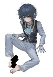 1boy aged_down androgynous aoba_tsumugi aqua_ascot arms_at_sides belt belt_buckle bishounen black_vest blank_censor blue_hair brown_eyes buckle censored closed_mouth dark_blue_hair disembodied_penis ensemble_stars! footjob full_body furrowed_brow gloves half_gloves hand_rest highres long_sleeves male_focus medium_hair no_eyewear pants penis shirt simple_background spread_legs suggestive_fluid sweatdrop swept_bangs tsmkwa tsumugi_aoba upturned_eyes vest white_background white_belt white_pants white_shirt yaoi