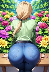 ai_generated back_view belt big_ass big_breasts big_butt blonde_hair brown_eyes civitai flowers forehead_mark jeans large_breasts looking_at_viewer naruto naruto_(series) naruto_shippuden ponytail sweater tsunade