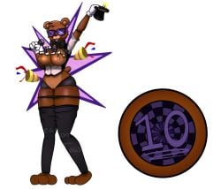 2024 2d 2d_(artwork) 2d_artwork anthro areola areolae beanontoast bear_ears bear_girl blue_eyes breasts brown_fur brown_hair five_nights_at_freddy&#039;s freddy_(fnaf) fredina_(cally3d) frenni_fazclaire nipples sexy_clothing stockings sunglasses tophat white_gloves