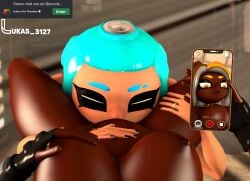 3d 3d_(artwork) big_breasts eating_pussy female_only female_pov fingerless_glove girl_on_girl hand_on_thigh lesbian lesbian_sex lukas_3127 octoling octoling_girl oral phone phone_screen ring_on_finger self_upload sfm spiked_collar splatoon tentacle_hair thick_thighs vaginal_penetration