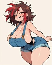 1girls ai_generated big_breasts breasts clothed clothing eyebrows_visible_through_hair farm_girl farmgirl female female_only freckles freckles_on_breasts freckles_on_face freckles_on_shoulders messy messy_hair missing_tooth rocksolidart solo solo_female thick_thighs wide_hips