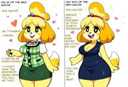 ai_generated animal_crossing anthro big_breasts blonde_hair blush bottomwear breasts canid canine canis cleavage clothed clothing digital_media_(artwork) dipstick_tail domestic_dog dress female fur hair heart hellsonger hi_res isabelle_(animal_crossing) looking_at_viewer mammal nintendo open_mouth open_smile pencil_skirt shih_tzu simple_background skirt smile solo tail_markings teeth text thick_thighs toy_dog white_background wide_hips yellow_body yellow_fur