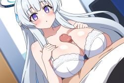 1boy 1girls ai_generated ass big_breasts blue_archive bra breasts cleavage cock_shock dutch_angle female gastkeser82 halo handjob large_breasts noa_(blue_archive) paizuri panties penis penis_awe penis_between_breasts purple_eyes titjob underwear white_bra white_hair