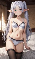 1female 1girls ai_generated bed bedroom bra commentary_request elf elf_ears elf_female elf_girl english_commentary female female_only frieren hd hi_res highres indoors light-skinned_female light_skin mixed-language_commentary panties room silver_hair silver_hair_female solo solo_female sousou_no_frieren standing twintails very_high_resolution