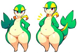 3_toes ai_generated anthro belly big_butt biped digital_media_(artwork) duo eyelashes featureless_breasts featureless_crotch feet female flat_chest flat_chested front_view frown generation_5_pokemon green_body green_skin half-closed_eyes hellsonger hi_res huge_hips huge_thighs looking_at_viewer multicolored_body narrowed_eyes navel nintendo nude overweight pear-shaped_figure pokemon pokemon_(species) red_eyes reptile scalie short_stack simple_background slightly_chubby smile snivy solo standing thick_thighs toes white_background wide_hips