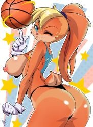 accessory anthro ass ball basketball basketball_(ball) basketball_uniform bayeuxman big_breasts biped blonde_female blonde_hair blue_eyes breasts breasts_out bunny bunny_ears bunny_girl bunny_tail clothing female female_only fur gloves hair hair_accessory hair_tie handwear hi_res lola_bunny looking_at_viewer looking_back looney_tunes nipples one_eye_closed panties shirt shirt_lift side_view solo solo_female space_jam space_jam:_a_new_legacy tanline underwear warner_bros warner_brothers wink