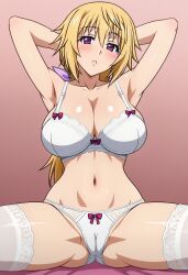 1girls ai_generated akairiot_(style) armpits arms_behind_head big_breasts blonde_hair bow bra charlotte_dunois cleavage clothed_female_nude_male female gastkeser82 head_tilt huge_breasts infinite_stratos large_breasts legs_apart long_hair navel panties parted_lips purple_eyes ribbon ribbon_in_hair smile solo solo_female stomach thighhighs tied_hair underwear white_bra white_panties