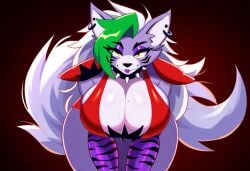 absurd_res ai_generated anthro bent_over big_breasts breasts canid canine canis cleavage clothed clothing collar digital_media_(artwork) ear_piercing ear_ring female five_nights_at_freddy's fur green_hair hair hellsonger hi_res huge_breasts long_hair looking_at_viewer machine mammal piercing red_clothing ring_piercing robot roxanne_wolf_(fnaf) scottgames solo spiked_collar spikes thick_thighs white_hair wolf yellow_eyes