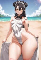 agent_(girls'_frontline) ai_generated alternate_breast_size asanagi_(style) bangs bare_shoulders beach black_hair blue_sky breasts covered_navel cowboy_shot day double_bun female girls'_frontline grin hair_between_eyes hair_bun highleg highleg_leotard huge_ass jacket long_hair looking_at_viewer maid maid_headdress ocean off_shoulder one-piece_swimsuit outdoors sangvis_ferri self_upload sky small_breasts smile solo standing starfish swimsuit thick_thighs thighs water white_swimsuit wide_hips yellow_eyes