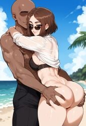 1boy 1girls ai_generated ass ass ass_focus back back_view bare_arms bare_legs bare_shoulders bare_thighs big_ass big_breasts big_butt bikini bikini_top blue_eyes brown_hair color dark-skinned_male dark_skin female floppydisc grabbing_ass hand_on_butt hi_res interracial large_breasts light-skinned_female light_skin looking_at_viewer male male/female muscles muscular muscular_male samsung samsung_sam short_hair tagme thick_thighs