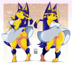 1girls :3 animal_crossing ankha ankha_(animal_crossing) bayeuxman blue_hair bottomless dress female full_body huge_ass long_hair looking_at_viewer medium_breasts nintendo nipples_visible_through_clothing no_panties nopan paw_pose solo standing thick_thighs thighs upskirt very_long_hair wide_hips yellow_body yellow_fur