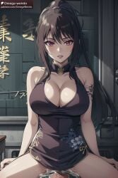 ai_generated black_hair chabashira_sae chinese_dress classroom_of_the_elite patreon ponytail red_eyes wet_pussy