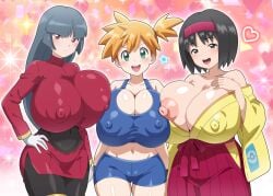 2girls 3girls :d alternative_bust_size aqua_eyes areolae asymmetrical_hair bangs bare_shoulders big_breasts bimbo black_eyes black_hair blonde_hair blunt_bangs blush bodysuit breast_press breast_suppress breasts busty clavicle cleavage closed_mouth clothing covered_navel cowboy_shot crop_top curvaceous curvy_female enormous_breasts erect_nipples erika_(pokemon) female female_only gigantic_breasts gloves green_eyes gym_leader hairband hand_on_hip headwear heart heart_background hitokiwa_kenchin huge_breasts hyper_breasts kasumi_(pokemon) kimono large_breasts light-skinned_female long_hair long_sleeves looking_at_viewer massive_breasts midriff multiple_girls navel nipples open-mouth_smile open_mouth orange_hair pantyhose pokemon pokemon_(anime) pokemon_(classic_anime) pokemon_(game) pokemon_character pokemon_firered_&_leafgreen pokemon_let's_go!_pikachu_and_eevee pokemon_red_green_blue_&_yellow ponytail protagonist_(pokemon) red_eyes red_hairband robe sabrina_(pokemon) shiny shiny_hair shiny_skin shirt short_hair shorts side_ponytail skirt smile sparkle standing tank_top teeth thick_thighs thighs tied_hair traditional_clothes upper_teeth upper_teeth_only wafuku white_gloves wide_hips