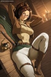 1girl ai_generated arms_behind_head arms_up attack_on_titan belt boots breasts brown_eyes brown_footwear brown_hair candle emblem glasses hange_zoe hi_res high_quality high_resolution jacket knee_boots lying military military_uniform necktie on_back pants paradis_military_uniform patreon patreon_username ponytail savvyraexo seductive sexy shirt solo sword thigh_strap uncensored uniform watermark weapon wooden_floor