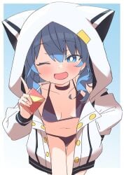 bikini black_bikini hololive hololive_gen_0 hololive_japan hoshimachi_suisei jacket looking_at_viewer virtual_youtuber wink