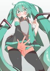 1girls 2d 2d_(artwork) ahoge below_view blush cowlick down_angle embarrassed female female_focus female_only grey_background hair_ornament hatsune_miku long_hair looking_at_viewer sailor_moon shy simple_background skindentation solo_female solo_focus stockings teal_eyes teal_hair thick_thighs thighhighs thighs tie twintails uruti_2388 vocaloid