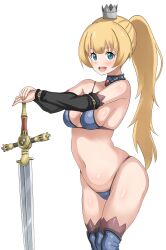 arched_back bikini bikini_armor black_sleeves blonde_hair blue_bikini blue_collar blue_eyes blue_footwear boots breasts collar collarbone crown detached_sleeves ex_(himesama_goumon) eyebrows eyelashes feet_out_of_frame female female_focus female_only from_side highres hime-sama_"goumon"_no_jikan_desu hime_(himesama_goumon) long_hair looking_at_viewer looking_to_the_side medium_breasts navel norakuro_nero open_mouth ponytail revealing_clothes simple_background skimpy_clothes smile solo standing swimsuit sword teeth thigh_boots upper_teeth_only weapon