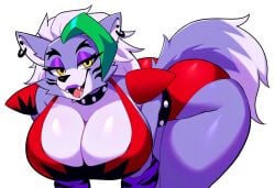 absurd_res ai_generated anthro bent_over big_breasts breasts canid canine canis cleavage clothed clothing collar digital_media_(artwork) ear_piercing ear_ring female five_nights_at_freddy&#039;s green_hair hair hellsonger hi_res huge_breasts lipstick looking_at_viewer machine makeup mammal open_mouth piercing purple_eyeshadow ring_piercing robot roxanne_wolf_(fnaf) scottgames simple_background solo spiked_collar spikes thick_thighs white_background white_hair wide_hips wolf yellow_eyes