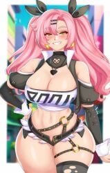 1girls 2024 anisdrawn blush breasts cleavage ear_piercing earrings female female_only green_eyes highres large_breasts light-skinned_female light_skin looking_at_viewer navel necklace nicole_demara pink_hair solo stocking thick_thighs wide_hips zenless_zone_zero