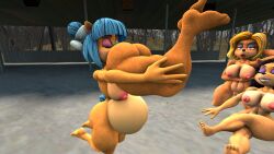 ami_bandicoot belly belly_growth breasts crash_(series) crash_(series) eating isabella_bandicoot liz_bandicoot megumi_bandicoot nude source_filmmaker vore vore_belly