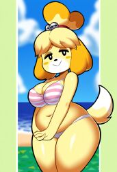 ai_generated animal_crossing anthro beach big_breasts bikini breasts canid canine canis cleavage clothed clothing cloud domestic_dog female fur hair hellsonger hi_res isabelle_(animal_crossing) looking_at_viewer mammal navel nintendo outside seaside shih_tzu slightly_chubby smile solo swimwear thick_thighs toy_dog wide_hips yellow_body yellow_fur