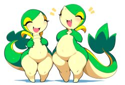 ai_generated anthro belly blush closed_eyes cute_fangs duo eyelashes featureless_crotch female flat_chested generation_5_pokemon green_body green_skin happy hellsonger hi_res navel nintendo nude open_mouth pokemon pokemon_(species) reptile scalie short_stack simple_background slightly_chubby smile snivy thick_thighs white_background wide_hips