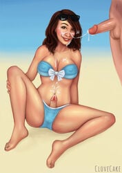 barefoot beach bikini brown_hair cleavage clovecake cum cum_on_breasts cum_on_hair cum_on_self cum_string dickgirl erection facial feet futanari hair intersex long_hair looking_at_viewer male male_on_futa navel penis sitting smile sunglasses