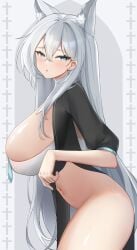 abydos_high_school_student alternate_costume animal_ear_fluff animal_ears black_jacket blue_archive blue_eyes bottomless breasts cropped_jacket extra_ears female grey_hair hair_between_eyes highres huge_breasts jacket jinmuxi_(user_pvha4443) long_hair looking_at_viewer navel nun open_mouth shiroko_(blue_archive) shiroko_(terror)_(blue_archive) solo thighs variant_set wolf_ears wolf_girl