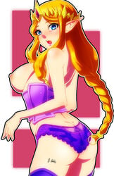 arched_back ass blonde_hair blue_eyes braid breasts breasts_out butterfly_print circlet corset female female_only highres hylian hyrule_warriors large_breasts long_hair looking_at_viewer nintendo nipples open_mouth oppaihobby panties pointy_ears princess_zelda purple_legwear shiny shiny_skin sideboob single_braid solo standing surprised the_legend_of_zelda thighhighs tied_hair triforce underwear zelda_(hyrule_warriors)