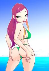 1girls ass behind big_ass bikini breasts hourglass_figure lipstick long_hair looking_at_viewer looking_back makeup nipple_bulge pink_hair purple_eyes rainbow_(animation_studio) roxy_(winx_club) solo swimsuit teenager thong winx_club zfive