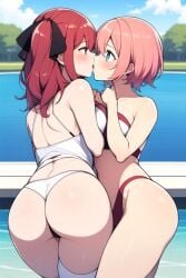 ai_generated bikini blue_eyes blush frosting.ai go-toubun_no_hanayome incest kissing large_breasts nakano_ichika nakano_nino nice_ass outside pink_hair red_hair sisters yuri