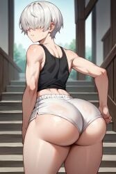 ai_generated big_ass big_butt eyes_covered femboy freckles huge_ass looking_at_viewer looking_back original_character plump_ass plump_thighs round_ass round_butt sweating white_hair