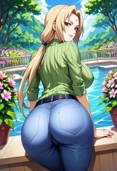 ai_generated back_view belt big_ass big_breasts big_butt blonde_hair brown_eyes civitai flowers forehead_mark jeans large_breasts looking_at_viewer naruto naruto_(series) naruto_shippuden ponytail sweater tsunade