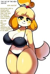 ai_generated animal_crossing anthro big_breasts bikini black_bra black_clothing bra breasts canid canine canis cleavage clothed clothing curvy_figure domestic_dog female fur hair hellsonger hi_res huge_breasts isabelle_(animal_crossing) looking_at_viewer mammal navel nintendo shih_tzu simple_background smile solo swimwear text thick_thighs toy_dog underwear white_background wide_hips yellow_body yellow_fur