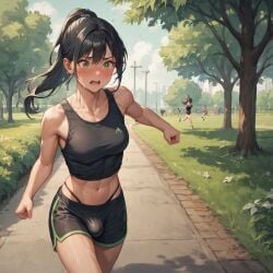 ai_generated black_hair blush bulge futanari green_eyes macorony open_mouth ponytail shorts sweat tank_top thong