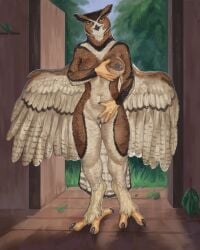 anthro avian beak bedroom_eyes bird breast_grab breast_squish breasts cabin dark_nipples feathers feet female fluffy genitals great_horned_owl hand_on_breast hi_res horned_owl narrowed_eyes nipples nude owl pinup plant plumpenguinn pose presenting presenting_breasts pussy seductive solo squish standing talon_hands talons toes tree true_owl wings