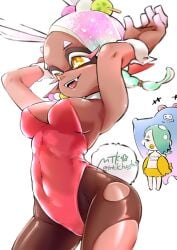 big_breasts big_forehead big_man_(splatoon) breasts bunny_ears bunny_girl bunnysuit clothing dark-skinned_female dark_skin deep_cut_(splatoon) frye_(splatoon) inkling leotard mtk_hoshi pantyhose shiver_(splatoon) splatoon splatoon_(series) splatoon_3 springfest_outfit torn_pantyhose wide_hips yellow_eyes