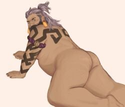 1boy 1male arm_bracelet ass ass_focus bara bara_ass barazoku beard chubby chubby_male earrings grey_hair league_of_legends long_hair long_hair_male looking_at_viewer on_all_fours ponytail scottsktch solo tattoos thick_ass thick_thighs udyr