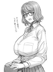 1girls big_boobs big_breasts big_tits boobs breasts female glasses greyscale happy japanese_text magaki_ryouta monochrome only_female original short_hair sketch student text tits white_and_black white_background