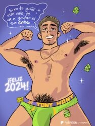 1boy abs armpit_hair bara beard biceps big_bulge bulge flexing_bicep male male_nipples male_only male_pubic_hair muscular_male nipples pecs spanish_text text tonyhony underwear